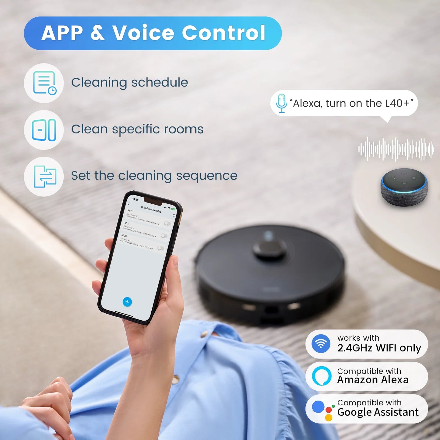 L40+ Robot Vacuum Cleaner and Mop Combo - 75-Day Self-Empty Bin, 180 Min Runtime, App and Voice Control