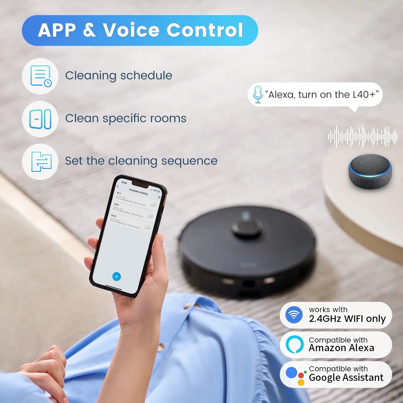 L40+ Robot Vacuum Cleaner and Mop Combo - 75-Day Self-Empty Bin, 180 Min Runtime, App and Voice Control