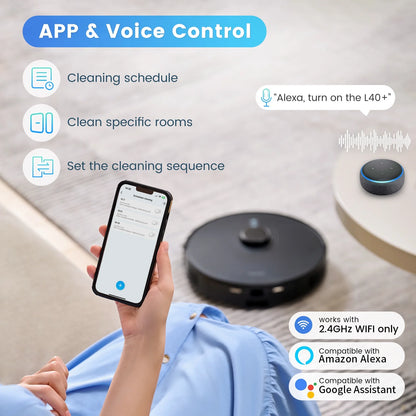 L40+ Robot Vacuum Cleaner and Mop Combo - 75-Day Self-Empty Bin, 180 Min Runtime, App and Voice Control