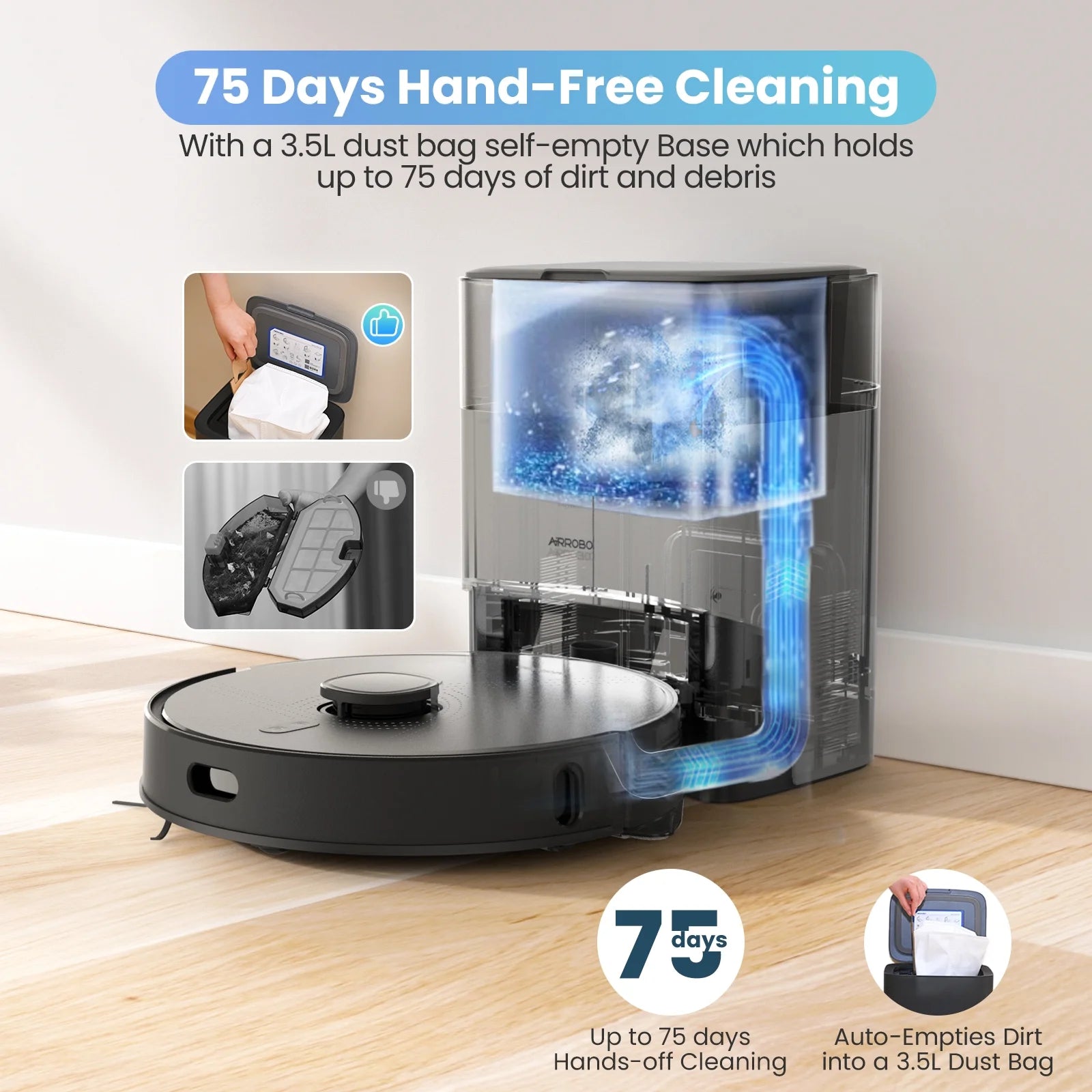 L40+ Robot Vacuum Cleaner and Mop Combo - 75-Day Self-Empty Bin, 180 Min Runtime, App and Voice Control