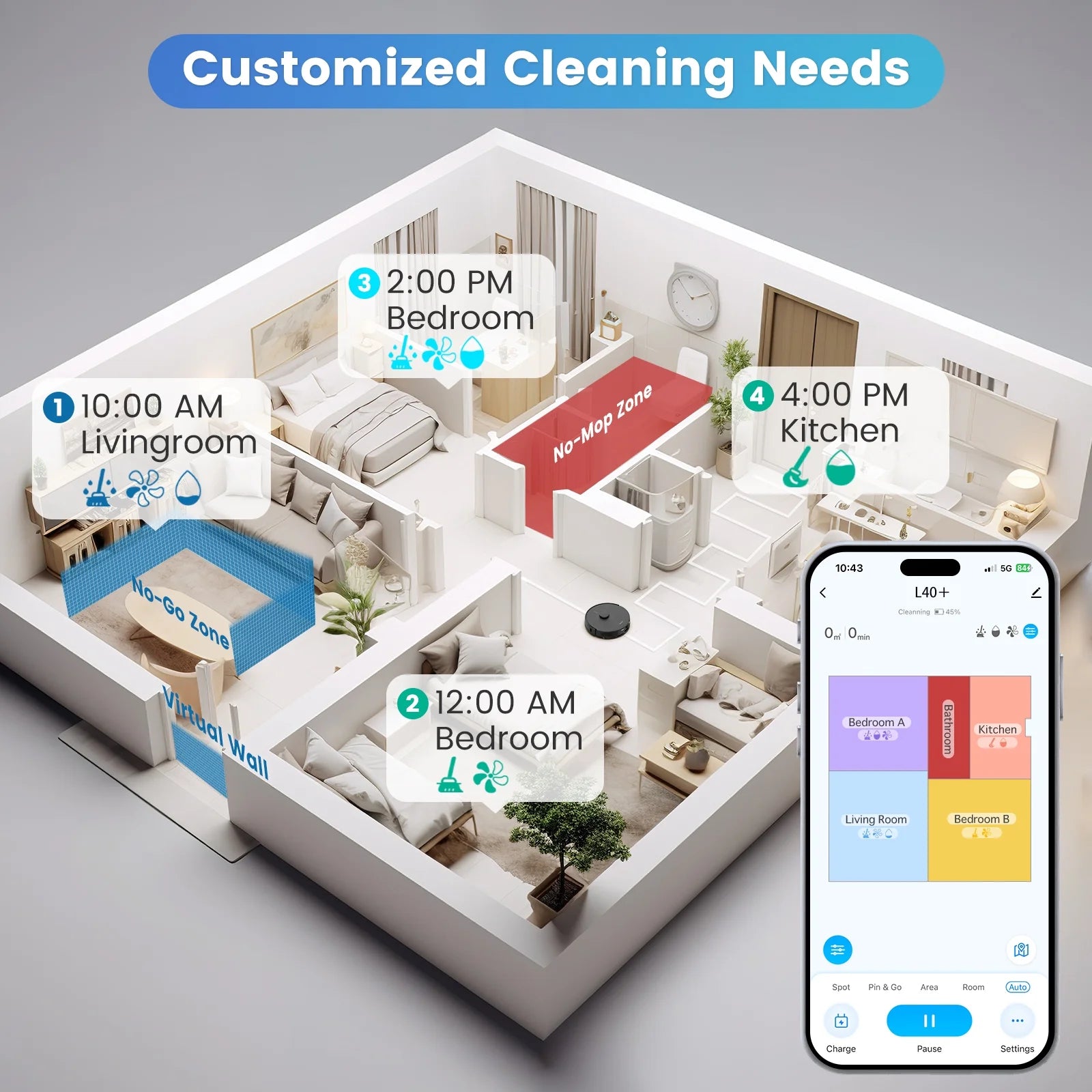 L40+ Robot Vacuum Cleaner and Mop Combo - 75-Day Self-Empty Bin, 180 Min Runtime, App and Voice Control